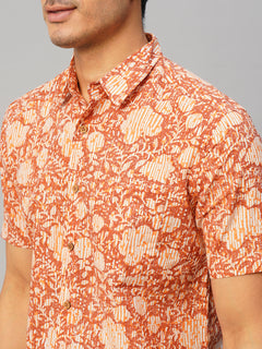 Men's Hand Block Printed Regular Fit Shirt Cotton Brown