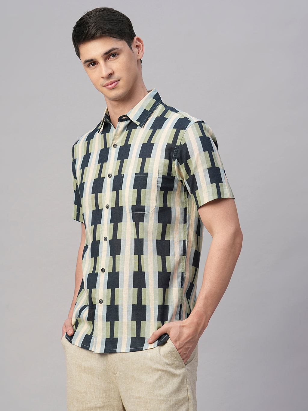 Men's Blue Cotton Flax Regular Fit Shirt
