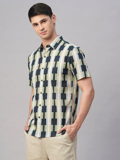 Men's Blue Cotton Flax Regular Fit Shirt