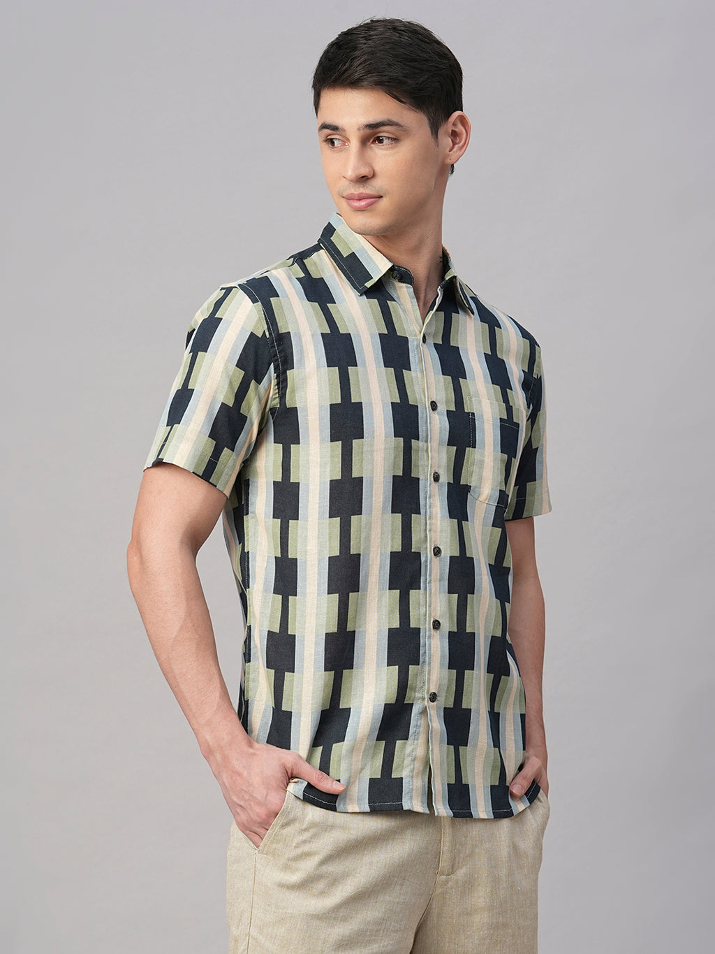 Men's Blue Cotton Flax Regular Fit Shirt