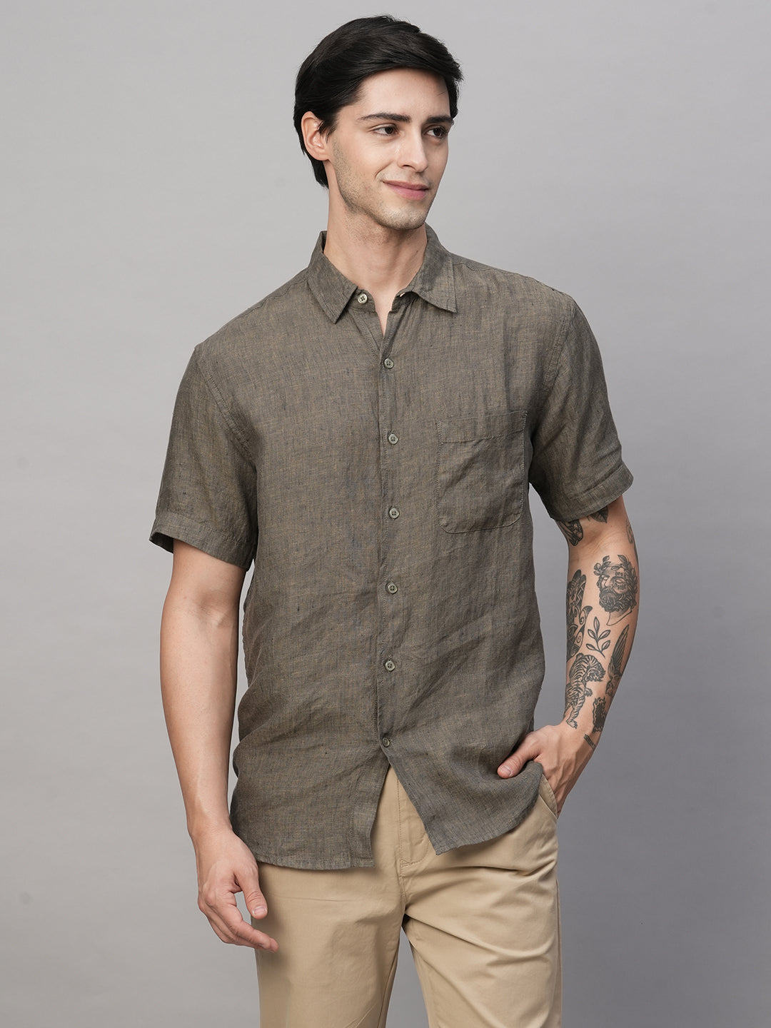 Men's Olive Linen Regular Fit Shirt
