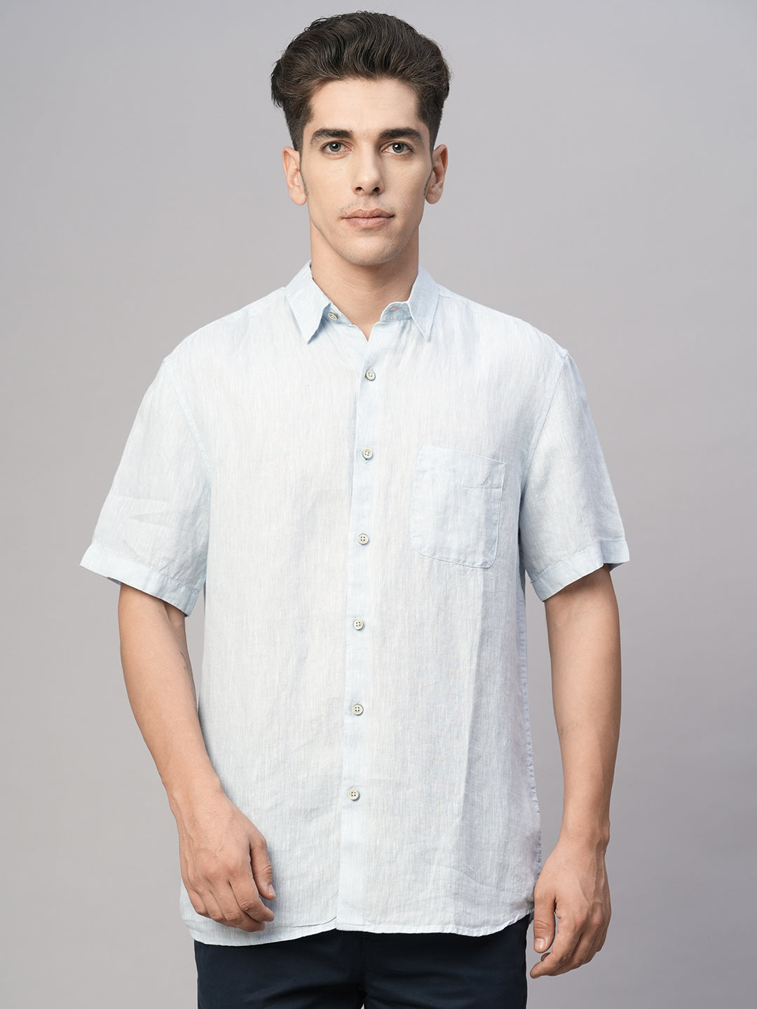 Men's Blue Linen Regular Fit Shirt