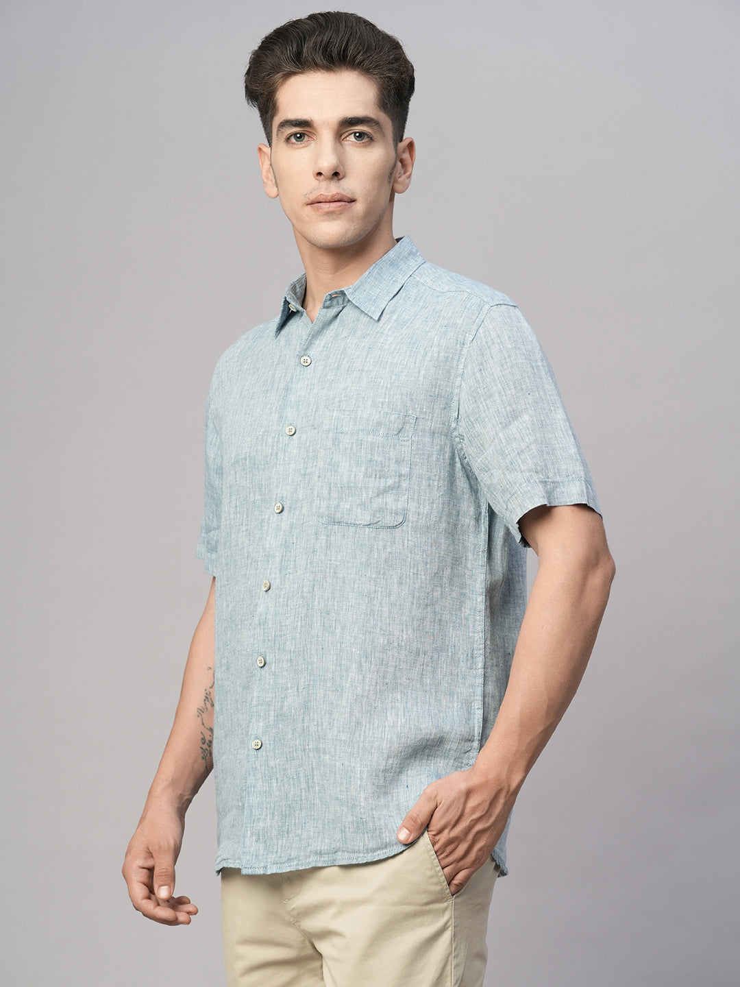 Men's Dk Blue 100% Linen Regular Fit Shirt