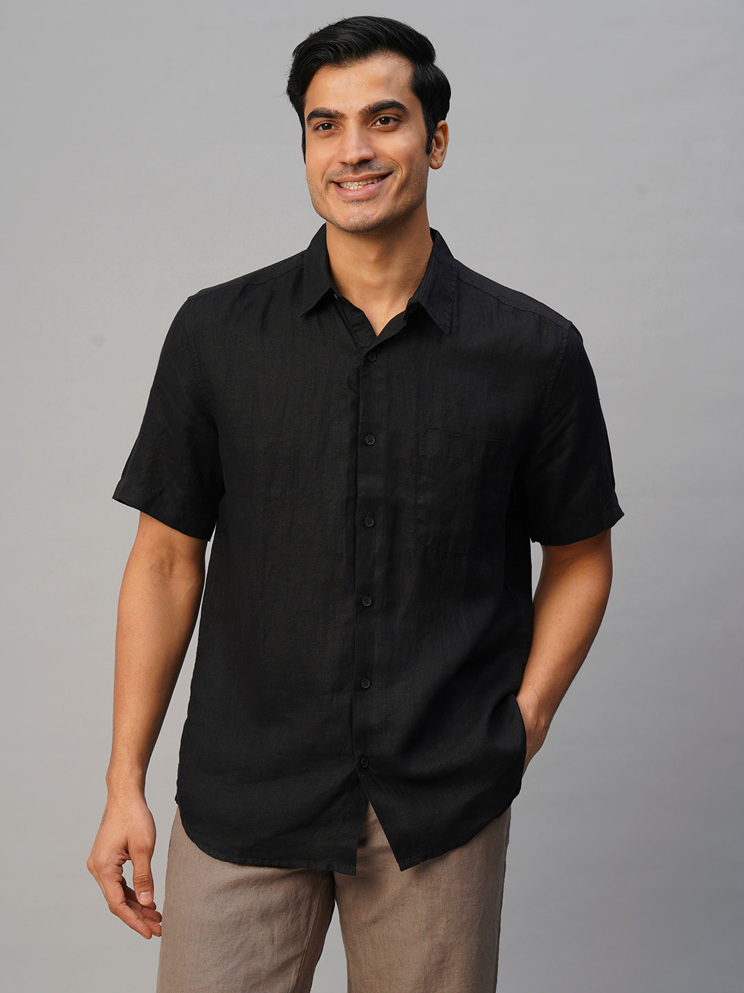 Men's Black Linen Regular Fit Shirt