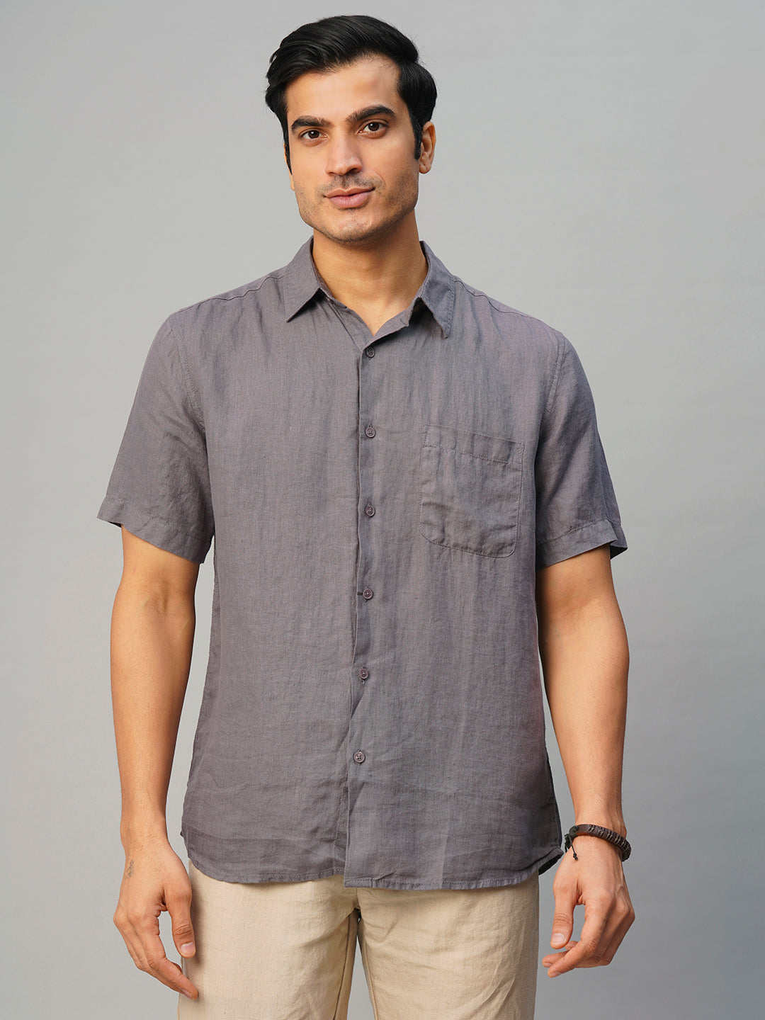 Men's Grey Linen Regular Fit Shirt