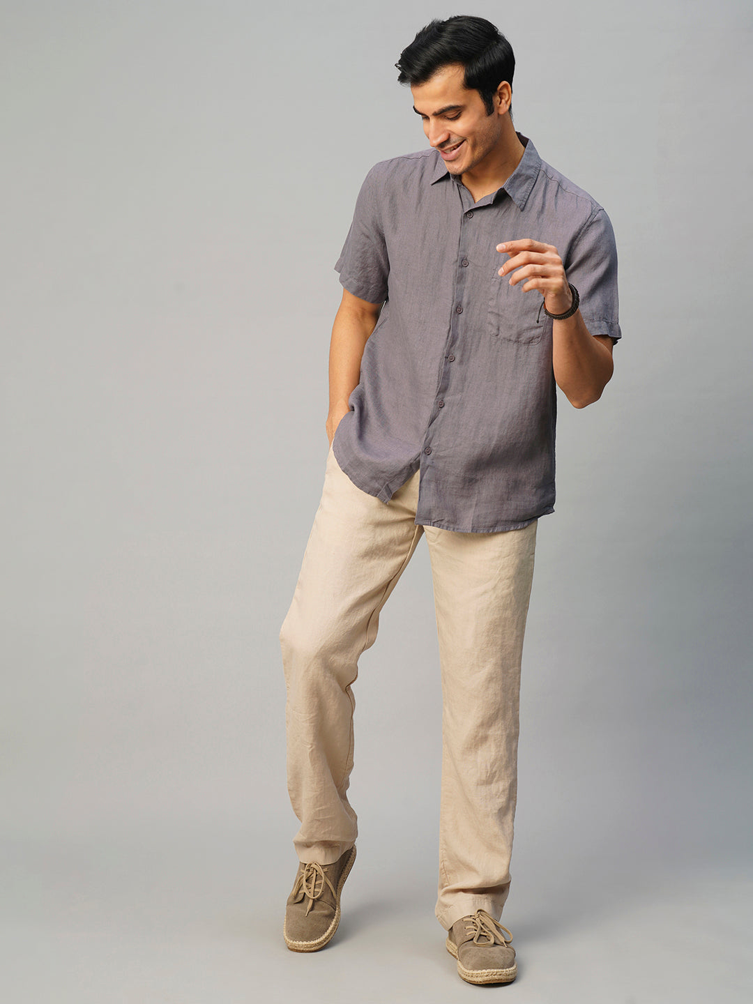 Men's Grey Linen Regular Fit Shirt