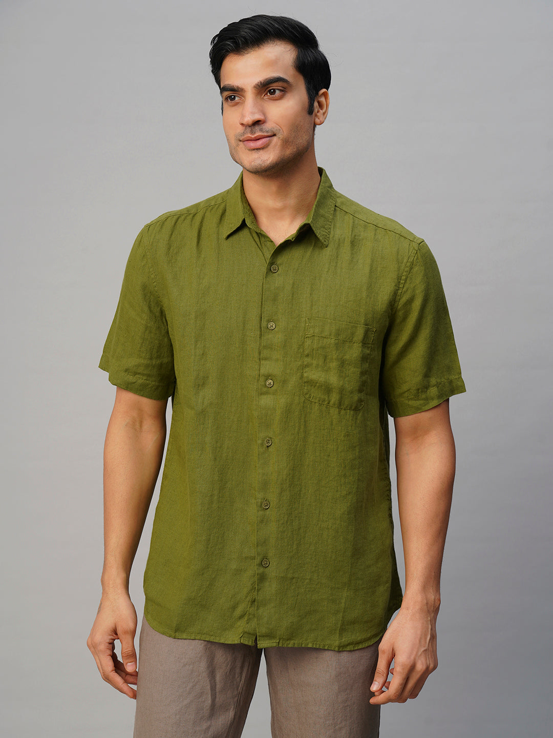 Men's Olive Linen Regular Fit Shirt