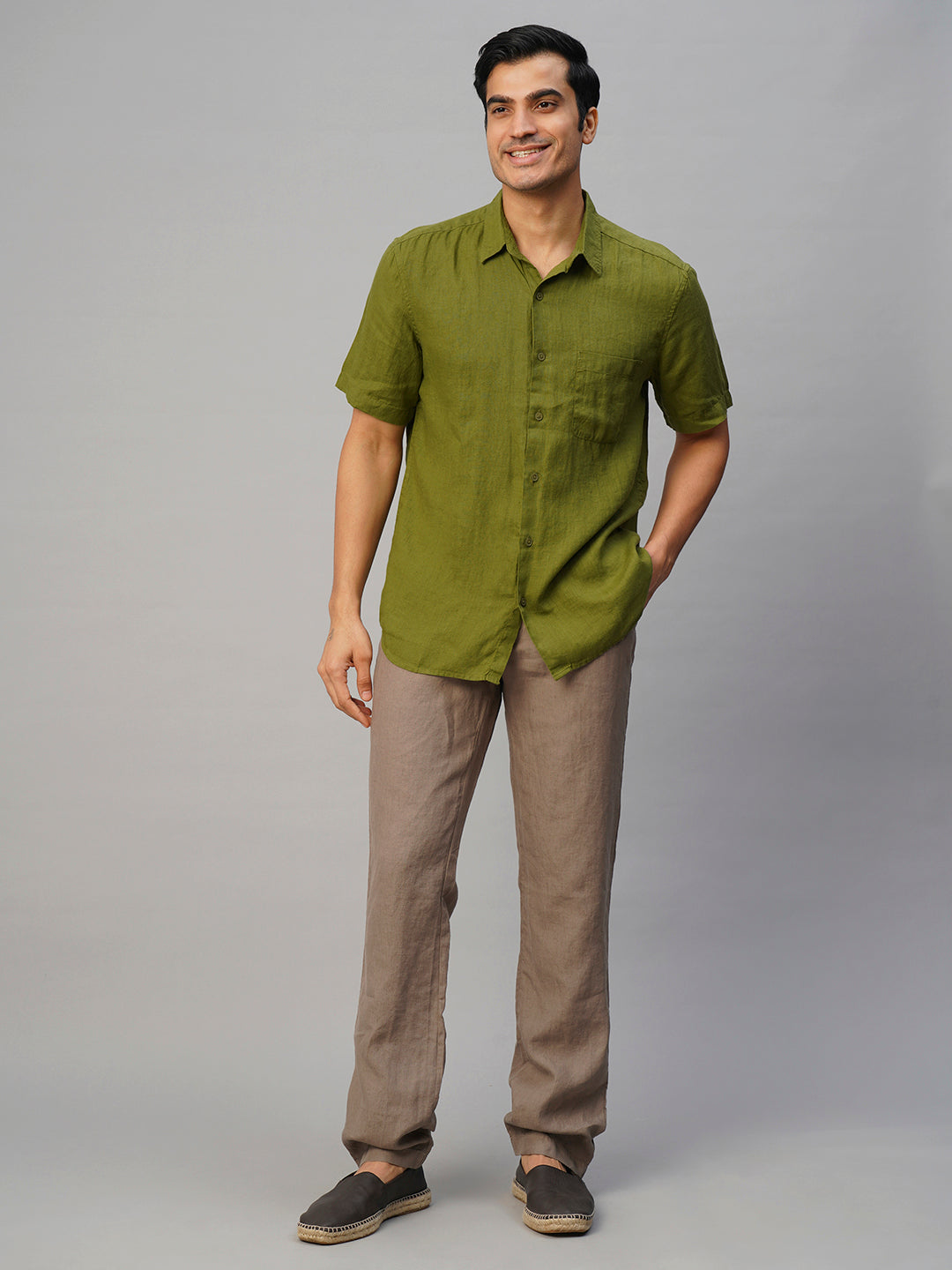 Men's Olive Linen Regular Fit Shirt