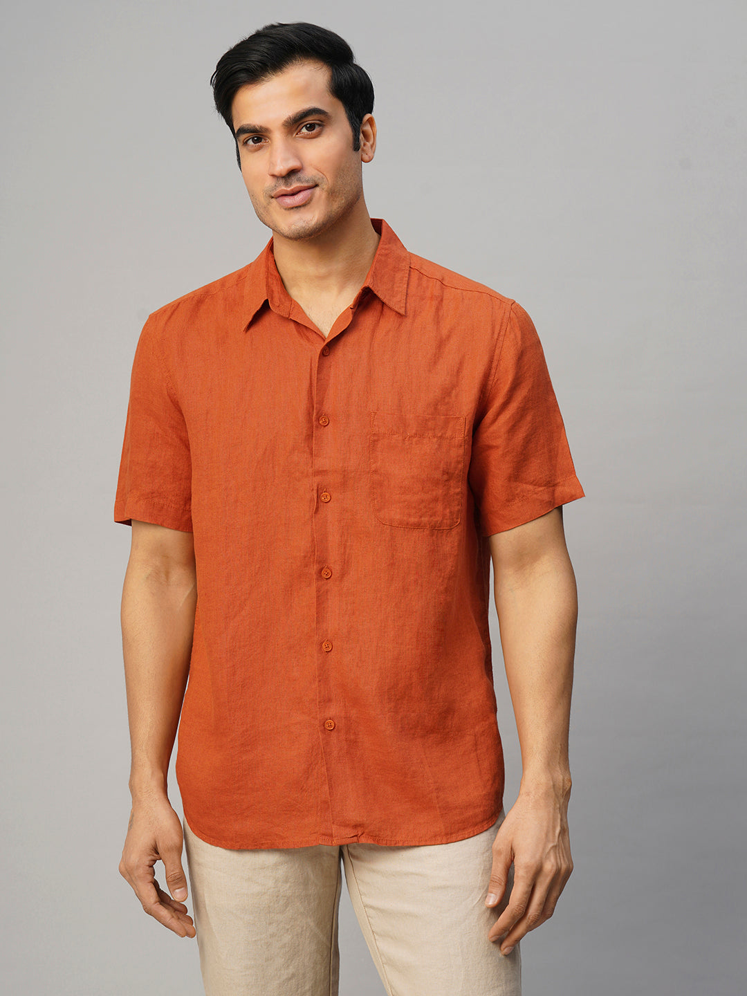 Men's Rust Linen Regular Fit Shirt