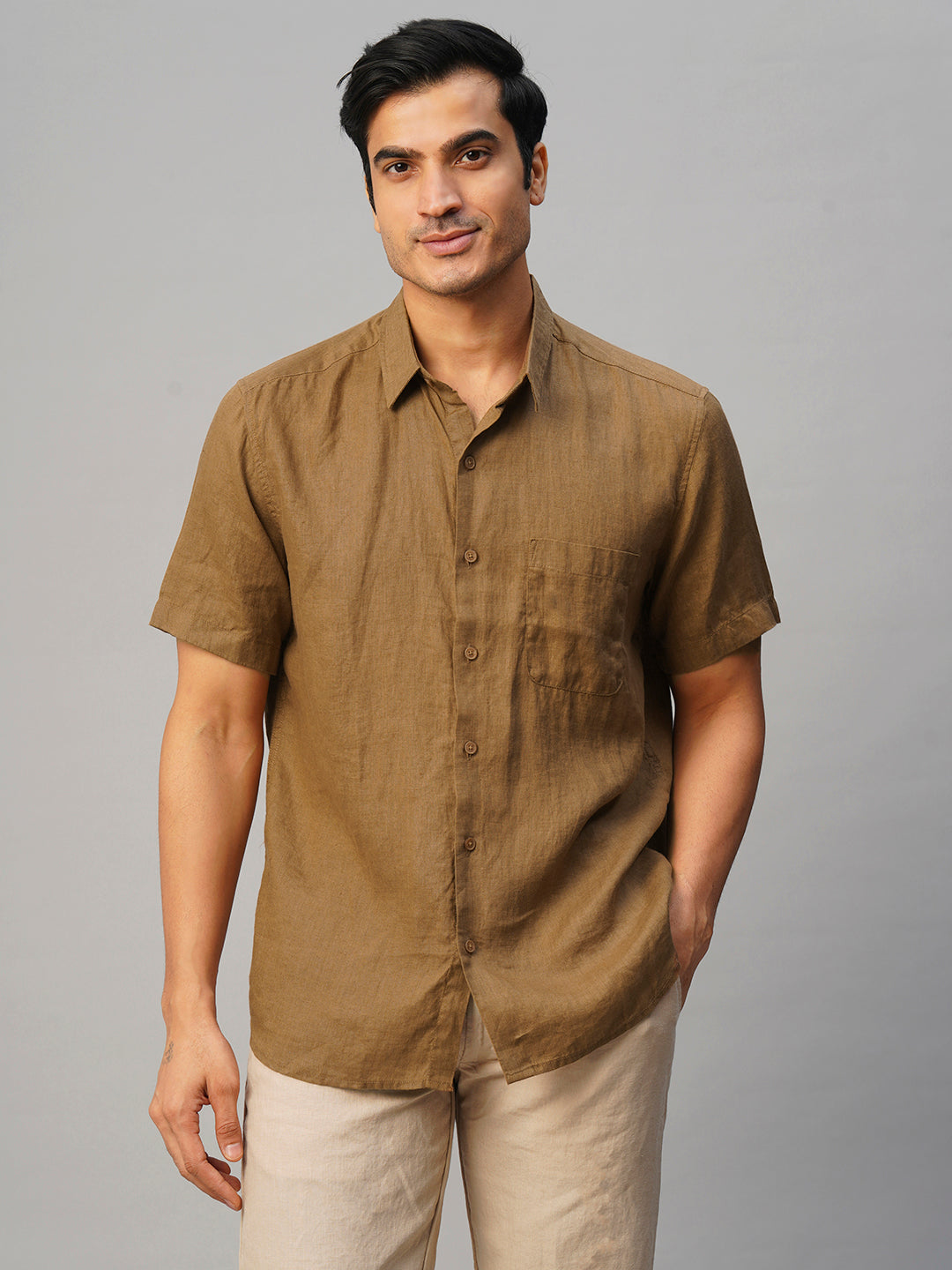 Men's Tobacco Linen Regular Fit Shirt