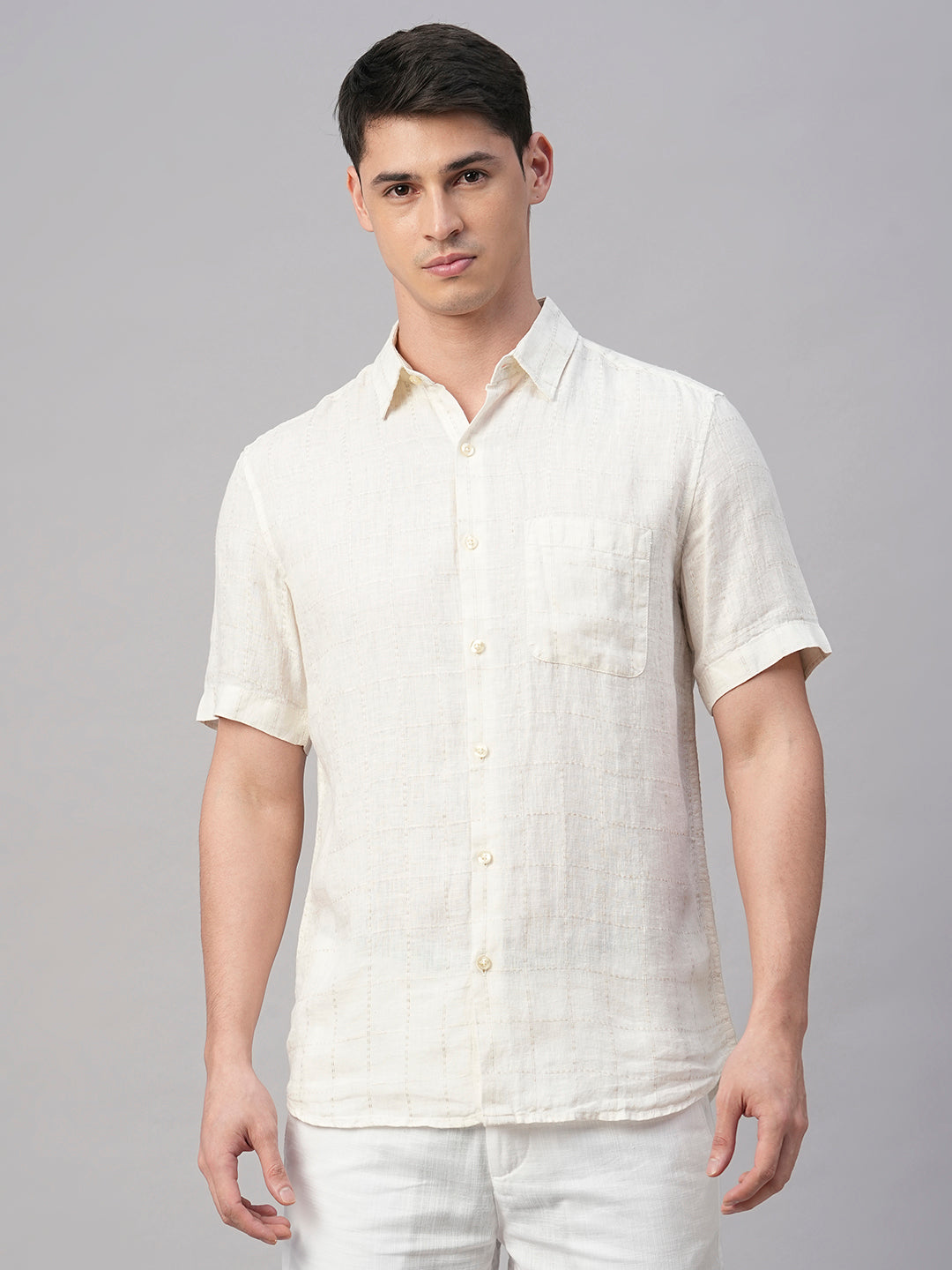 Men's Offwhite 100% Linen Regular Fit Shirt