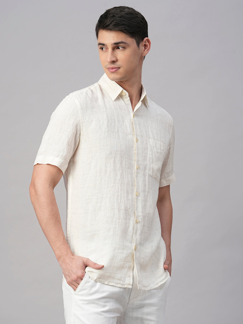 Men's Offwhite 100% Linen Regular Fit Shirt