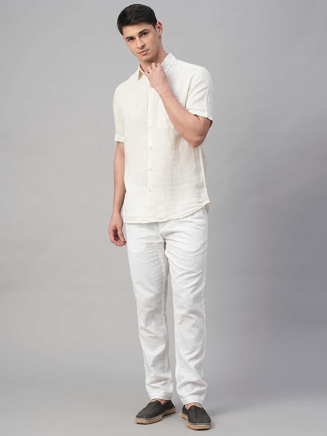 Men's Offwhite 100% Linen Regular Fit Shirt