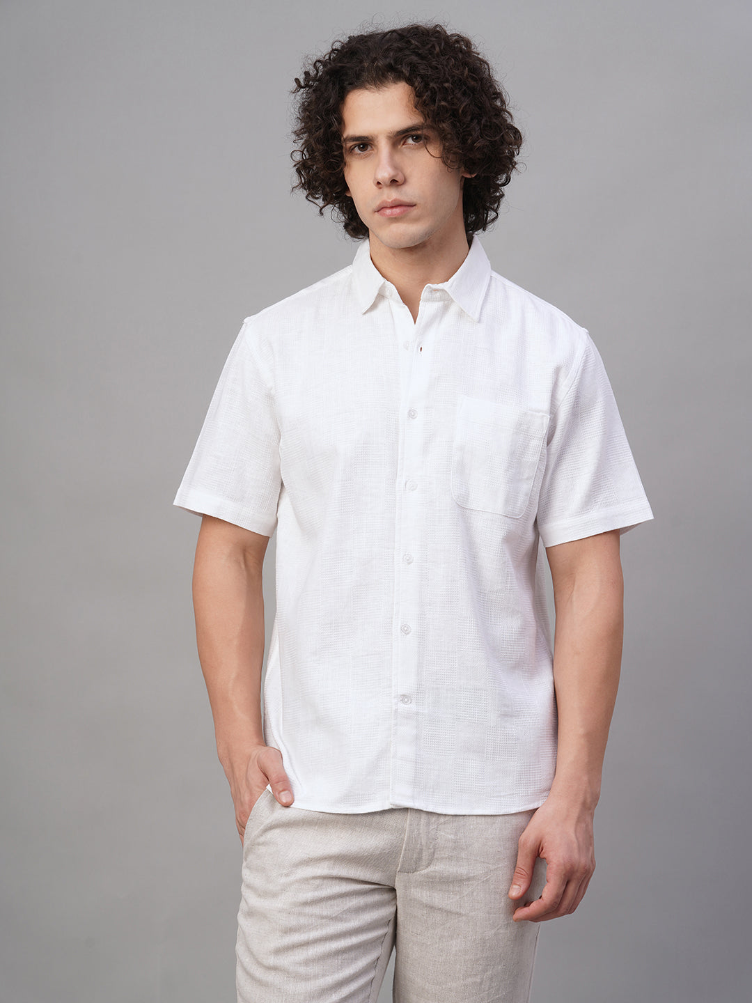 Men's White Cotton Linen Lyocell Regular Fit Shirt