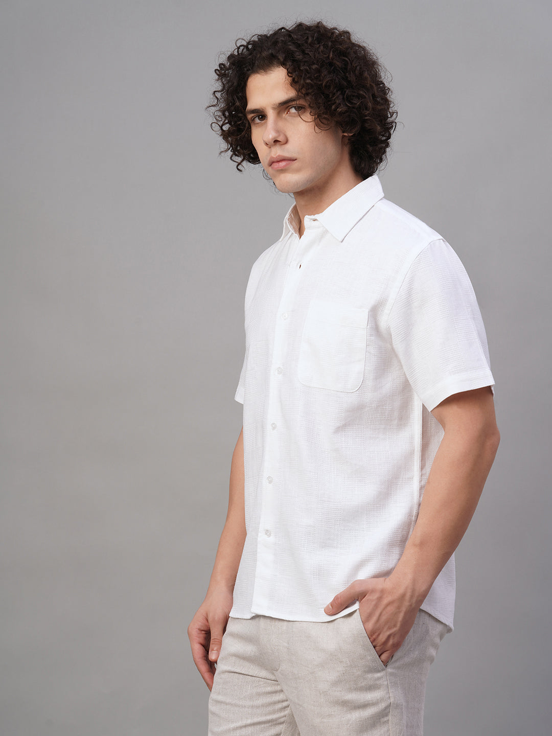 Men's White Cotton Linen Lyocell Regular Fit Shirt