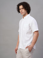 Men's White Cotton Linen Lyocell Regular Fit Shirt