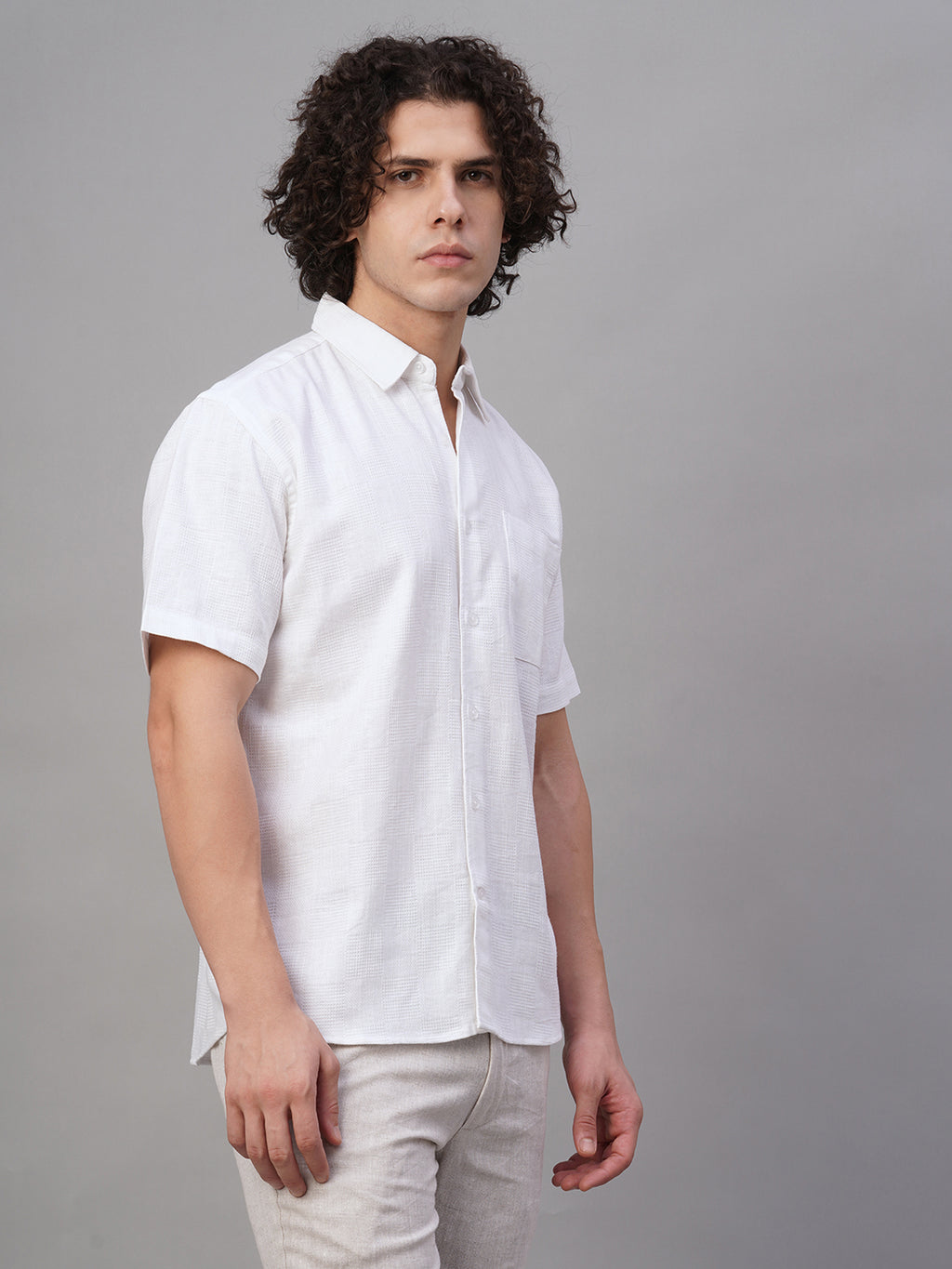 Men's White Cotton Linen Lyocell Regular Fit Shirt