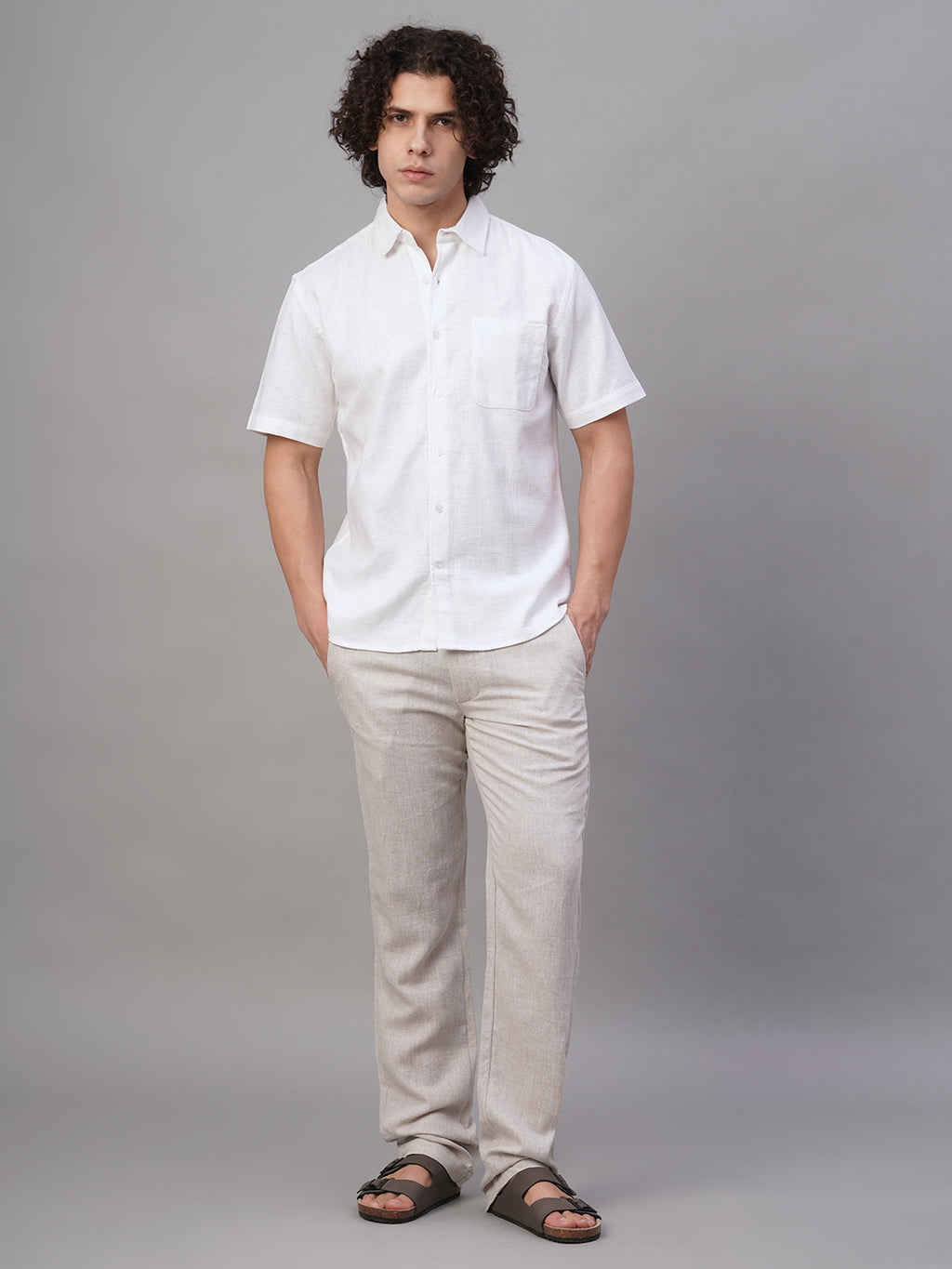 Men's White Cotton Linen Lyocell Regular Fit Shirt