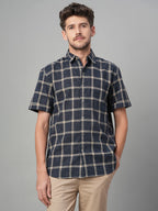 Men's Navy Cotton Linen Regular Fit Shirt