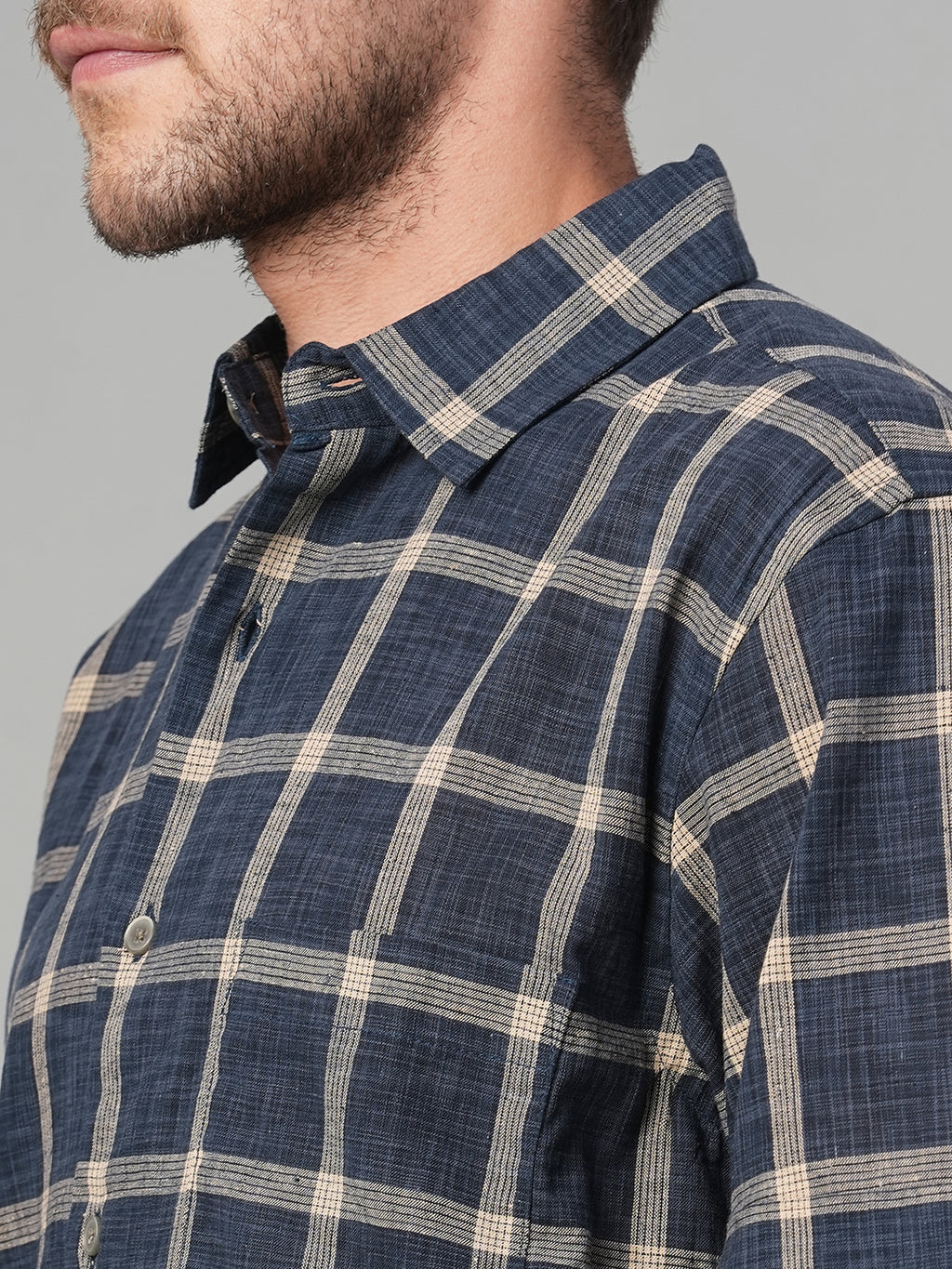 Men's Navy Cotton Linen Regular Fit Shirt