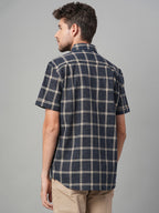 Men's Navy Cotton Linen Regular Fit Shirt