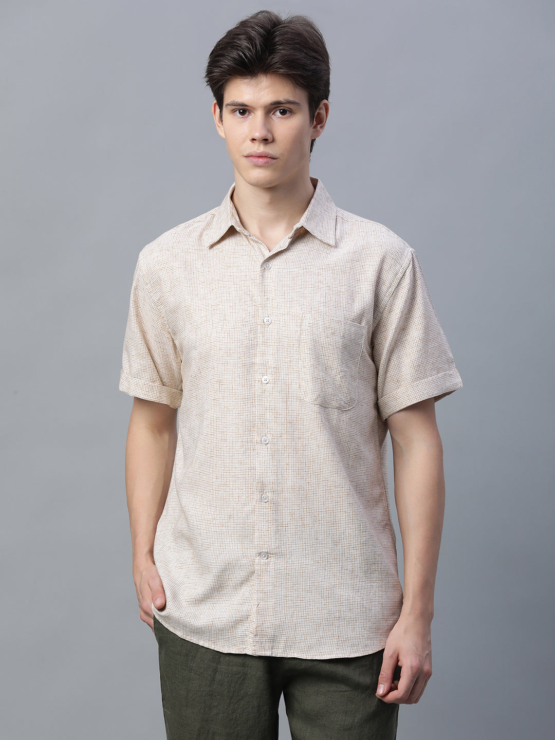Men's Khaki 100% Cotton Regular Fit Shirt