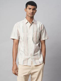 Men's 100% Cotton Regular Fit Vertical Stripe Shirt Natural