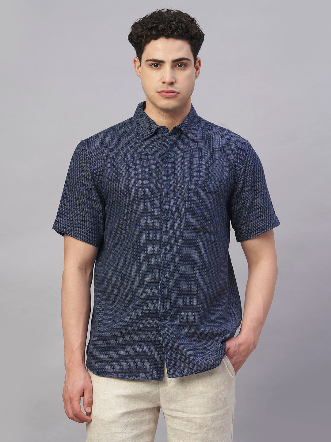 Men's Navy Cotton Flax Regular Fit Shirt