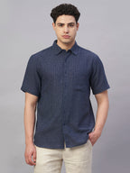 Men's Navy Cotton Flax Regular Fit Shirt