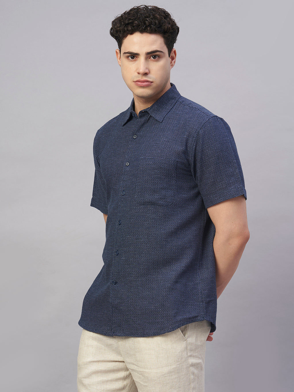 Men's Navy Cotton Flax Regular Fit Shirt