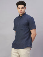 Men's Navy Cotton Flax Regular Fit Shirt