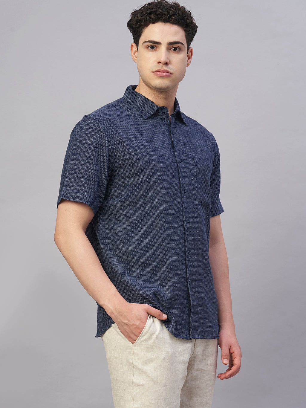 Men's Navy Cotton Flax Regular Fit Shirt