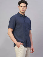 Men's Navy Cotton Flax Regular Fit Shirt