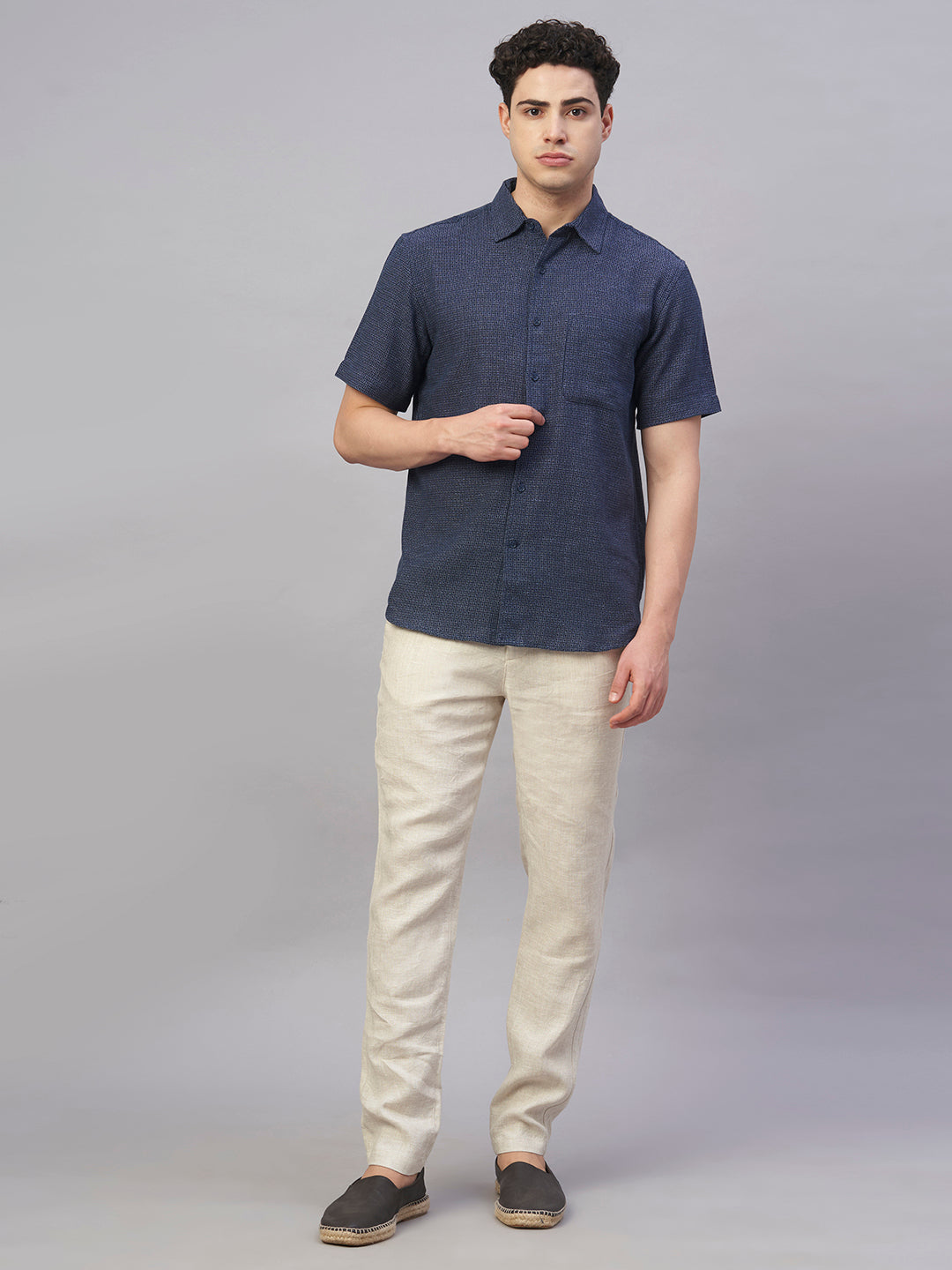 Men's Navy Cotton Flax Regular Fit Shirt