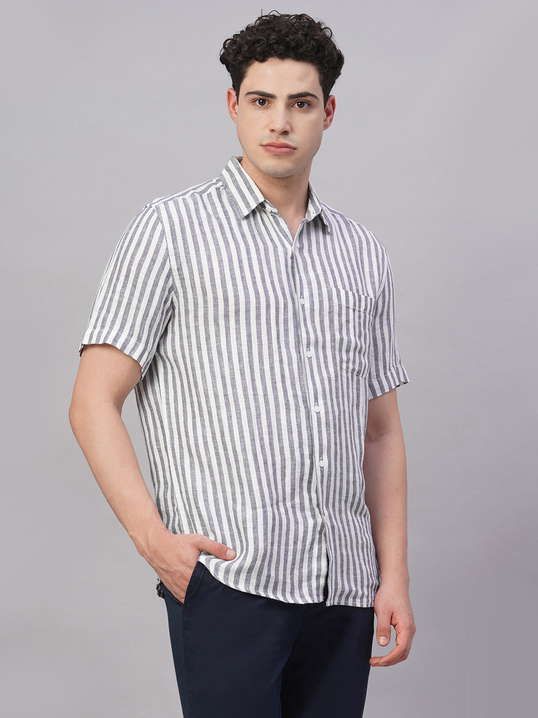 Men's Navy 100% Linen Regular Fit Shirt