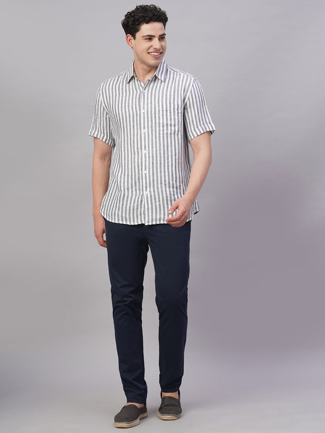 Men's Navy 100% Linen Regular Fit Shirt