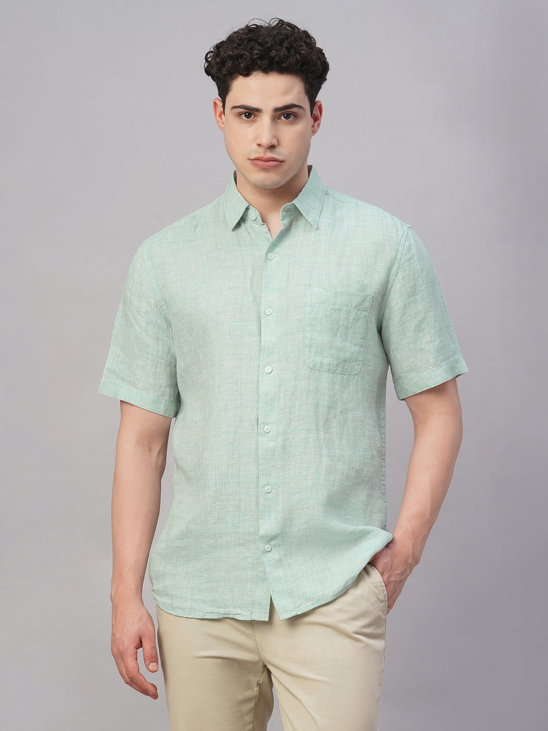Men's Green 100% Linen Regular Fit Shirt