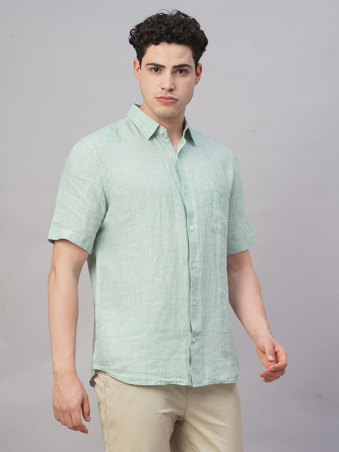Men's Green 100% Linen Regular Fit Shirt