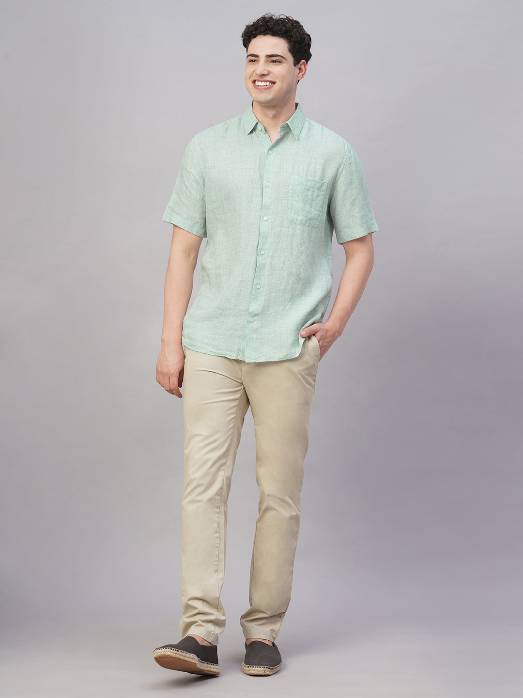 Men's Green 100% Linen Regular Fit Shirt