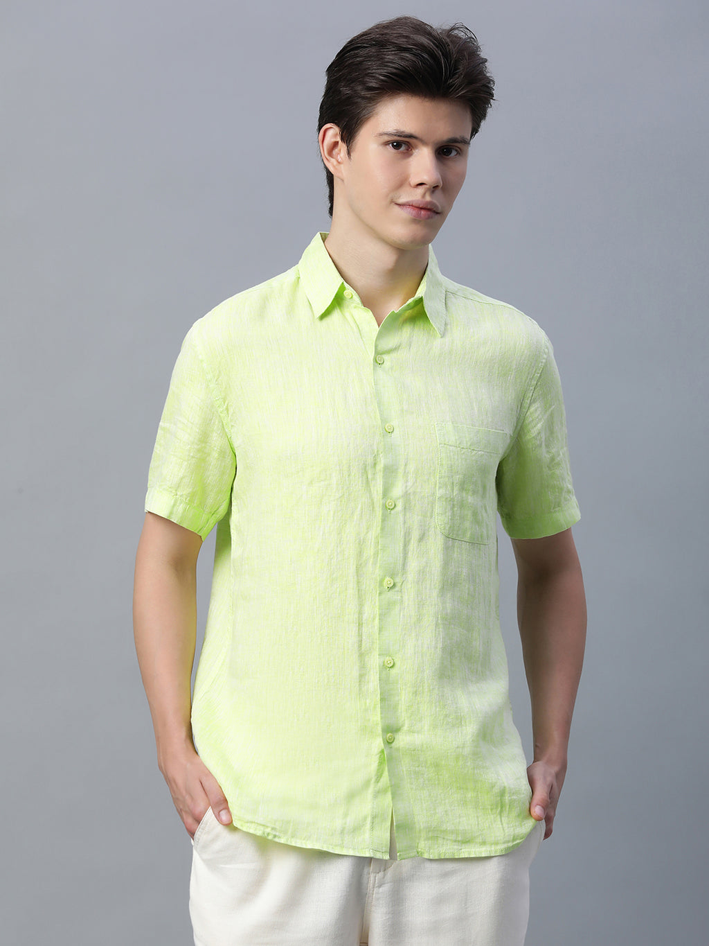 Men's Lime 100% Linen Regular Fit Shirt