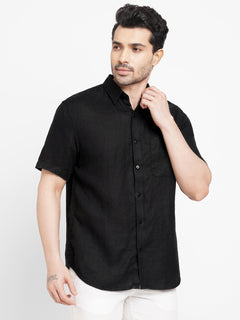 Men's 100% Linen Regular Fit Pocket Shirt Black