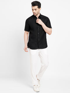 Men's 100% Linen Regular Fit Pocket Shirt Black