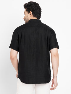 Men's 100% Linen Regular Fit Pocket Shirt Black
