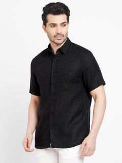 Men's 100% Linen Regular Fit Pocket Shirt Black