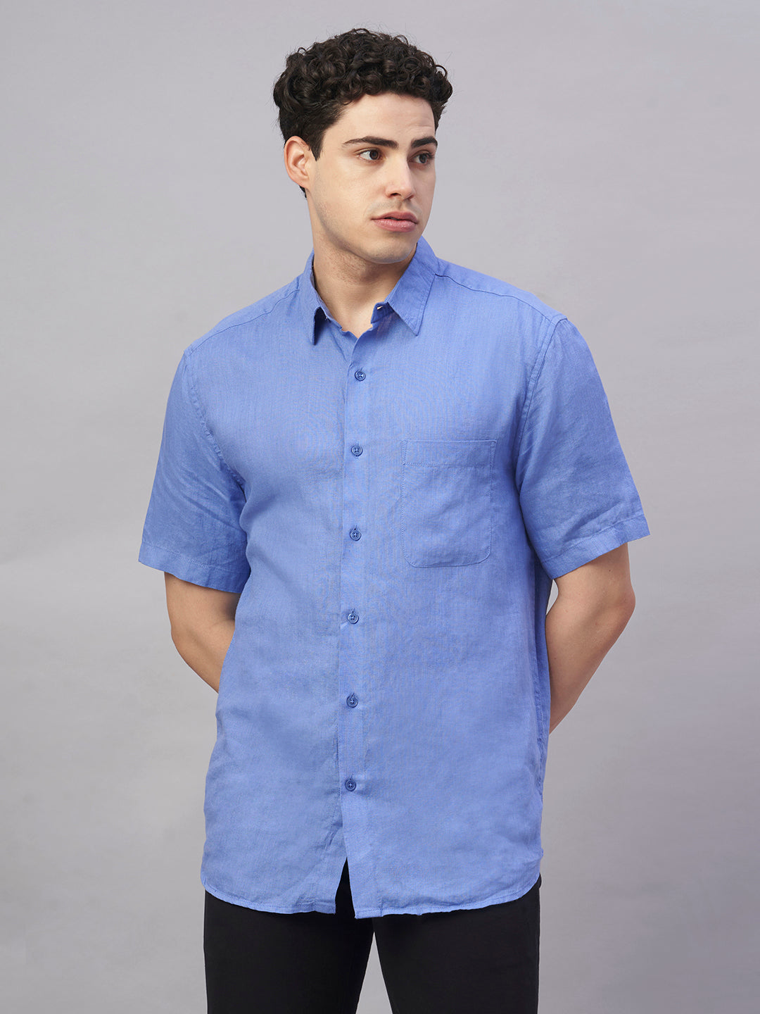 Men's Blue 100% Linen Regular Fit Shirt