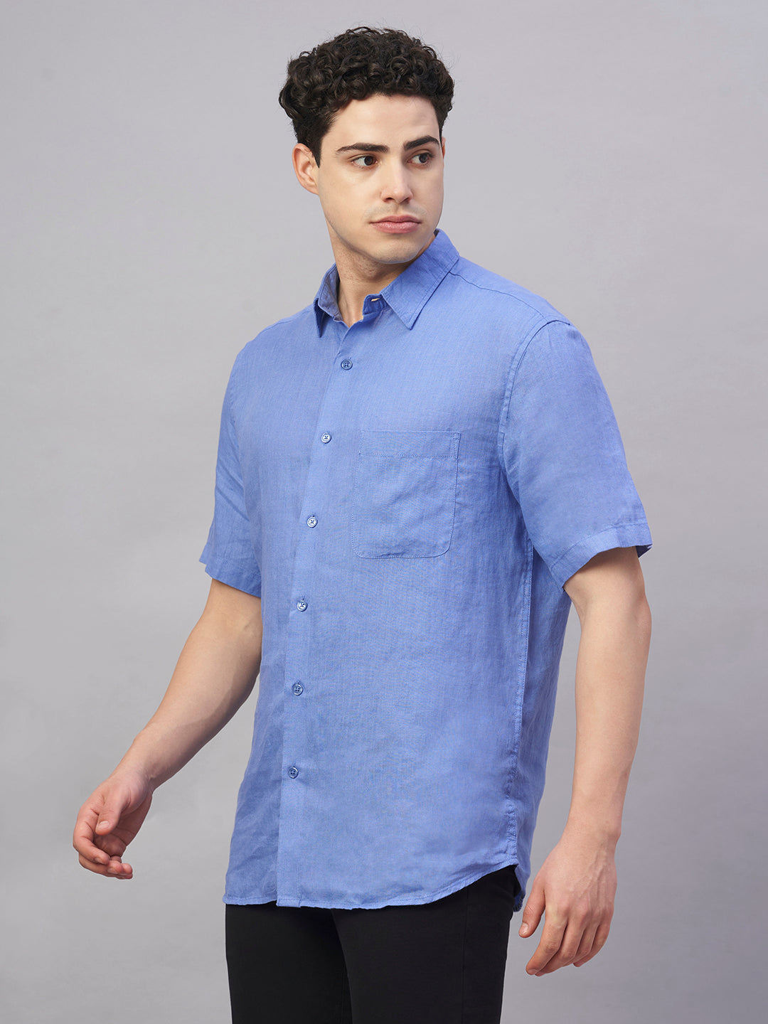 Men's Blue 100% Linen Regular Fit Shirt