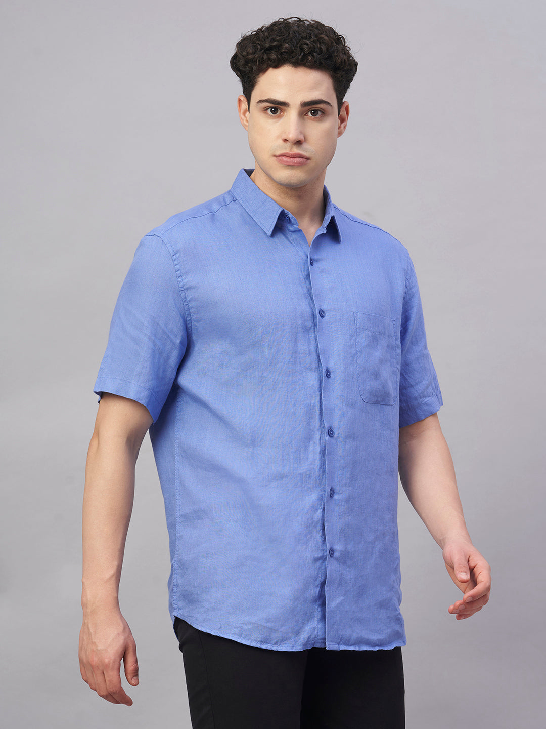 Men's Blue 100% Linen Regular Fit Shirt