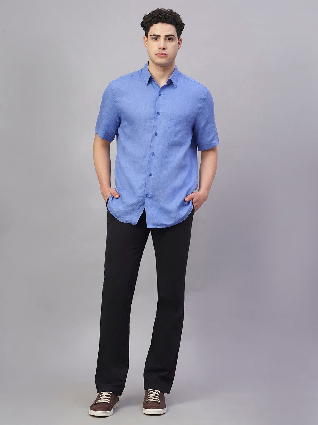 Men's Blue 100% Linen Regular Fit Shirt