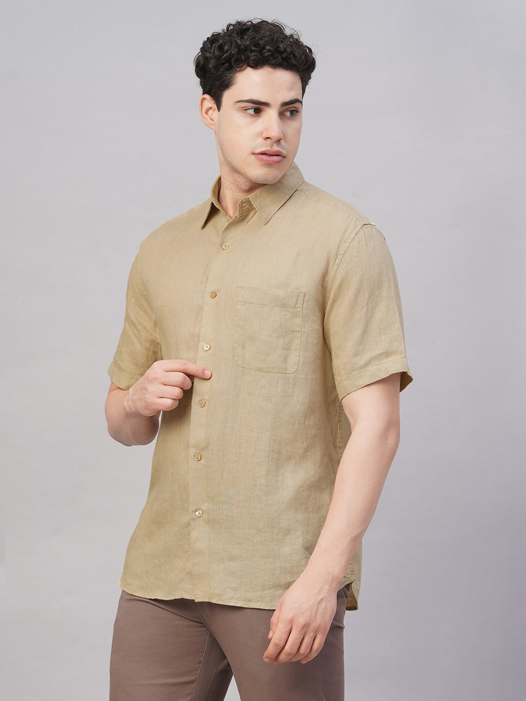 Men's Khaki 100% Linen Regular Fit Shirt