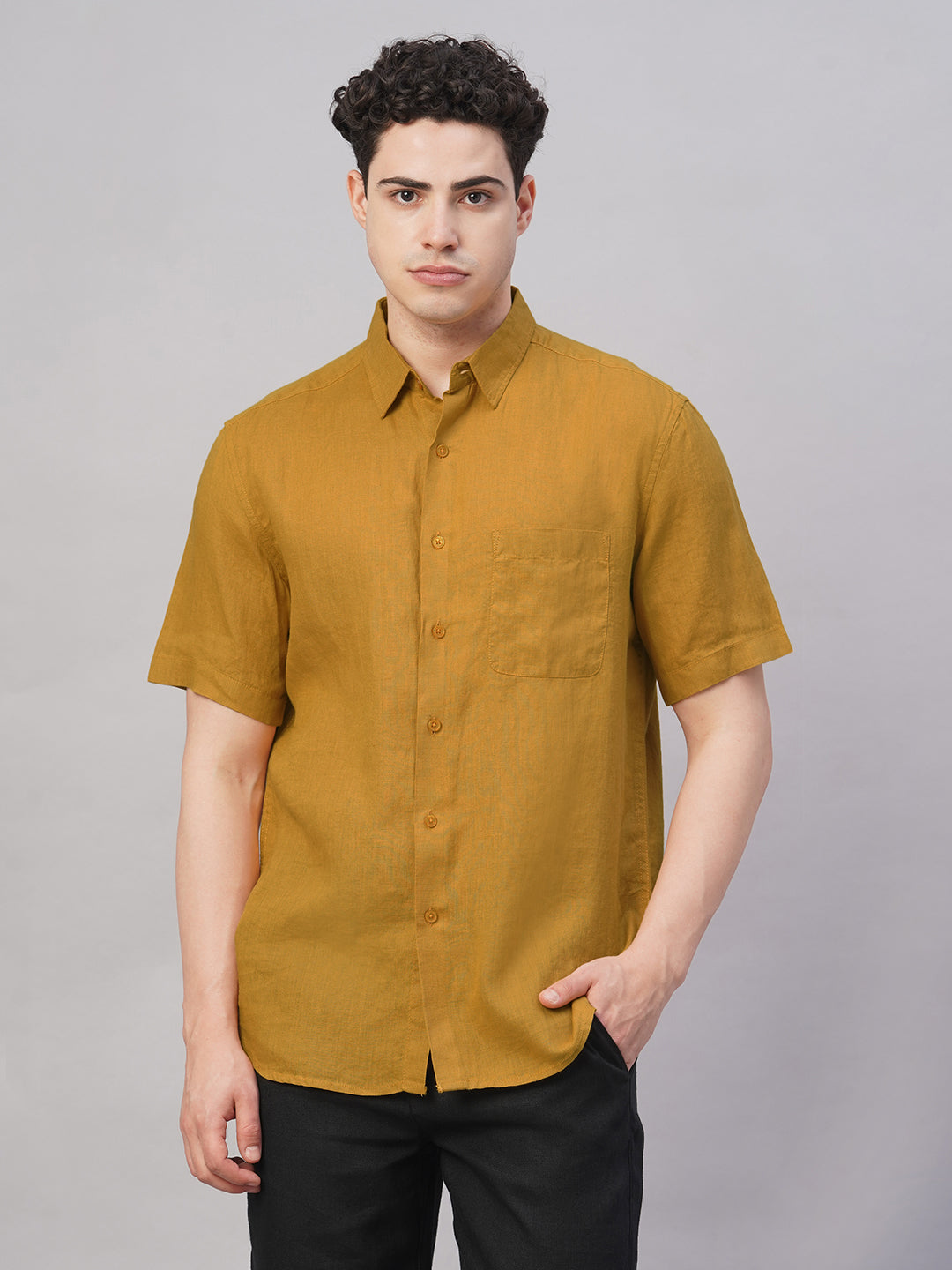 Men's Mustard 100% Linen Regular Fit Shirt